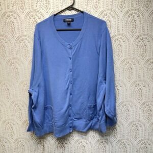 Lands' End Cardigan Sweater Women 5X Blue Cotton Modal Knit Button Front Pocket